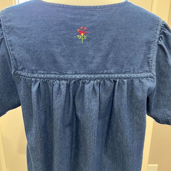 Go Softly Denim Embroidered Floral Zip Front Midi Patio Dress – Size M - Picture 12 of 12